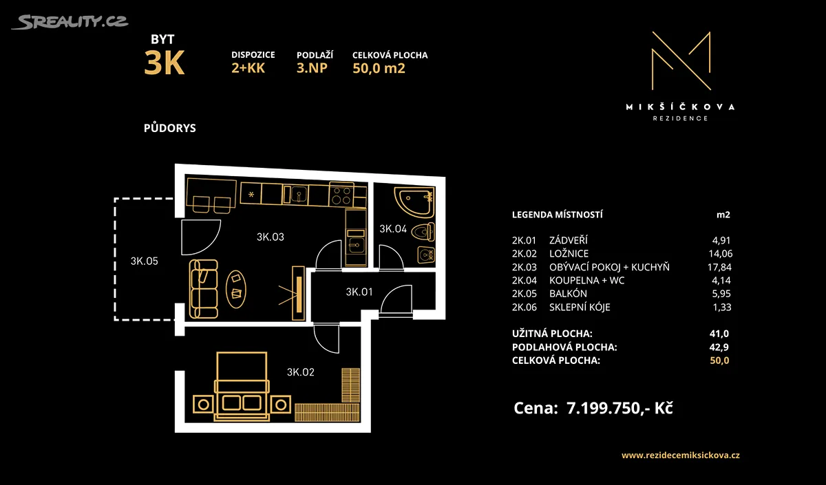 Prodej bytu 2+kk 50 m² – pohled 3