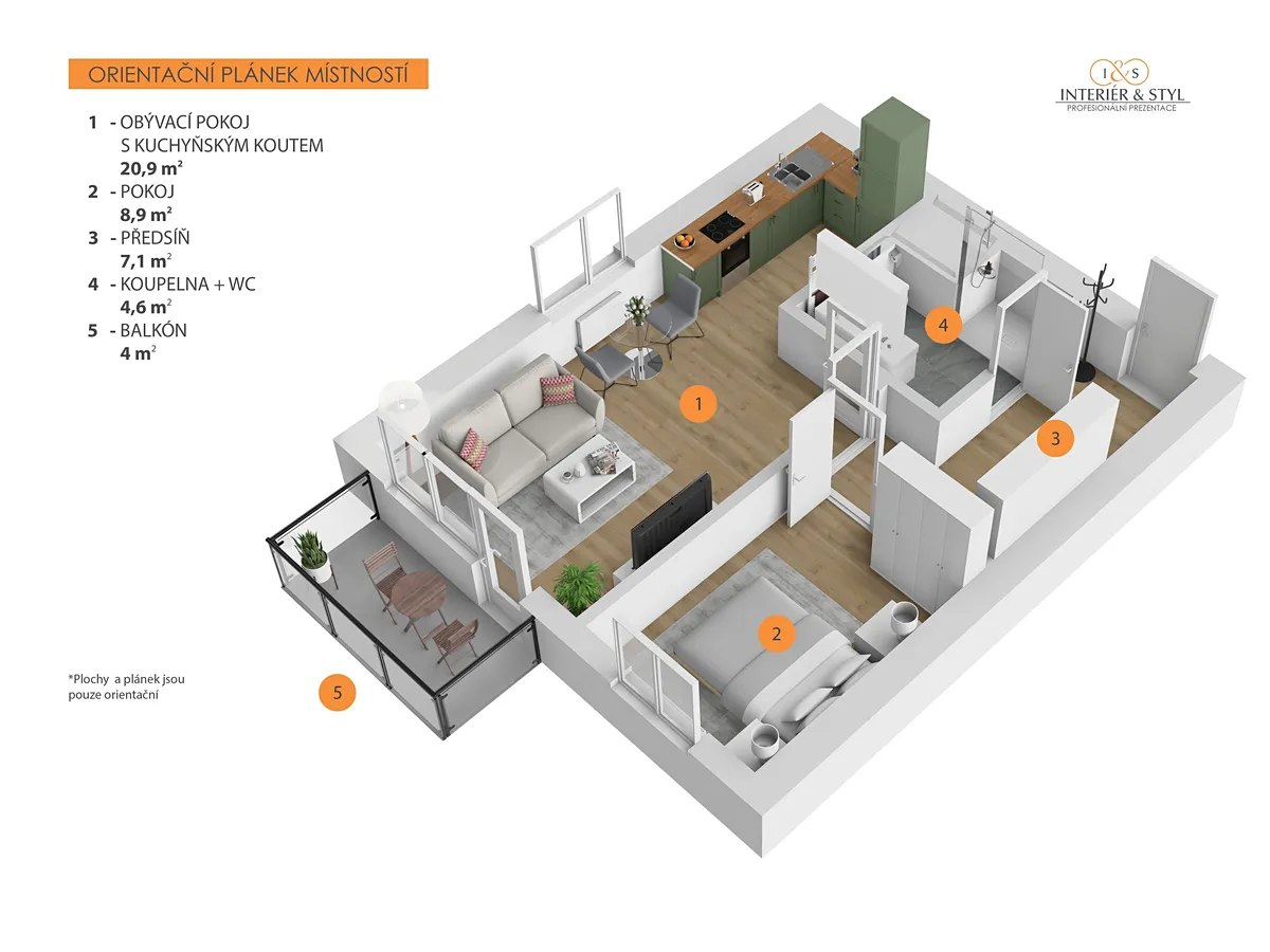 Pronájem bytu 2+kk 45 m² – pohled 2