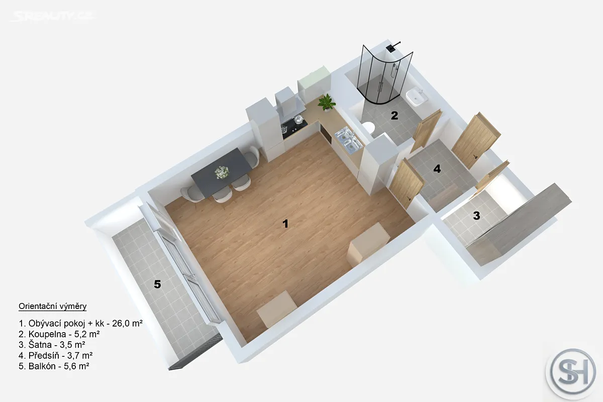 Pronájem bytu 1+kk 44 m² – pohled 2
