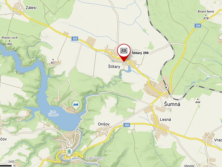 Mapa okolí obce Štítary u Vranovské přehrady.