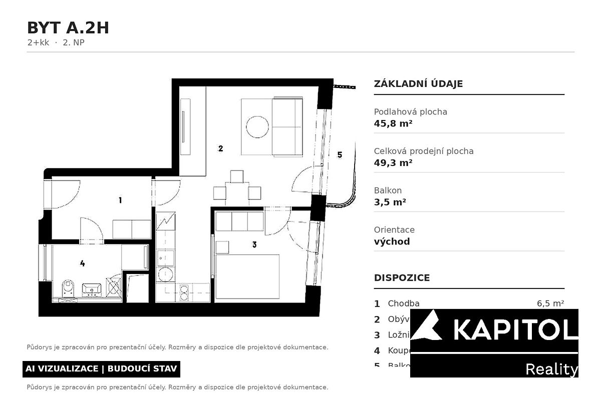 Pronájem bytu 2+kk 46 m² – fotografie 3
