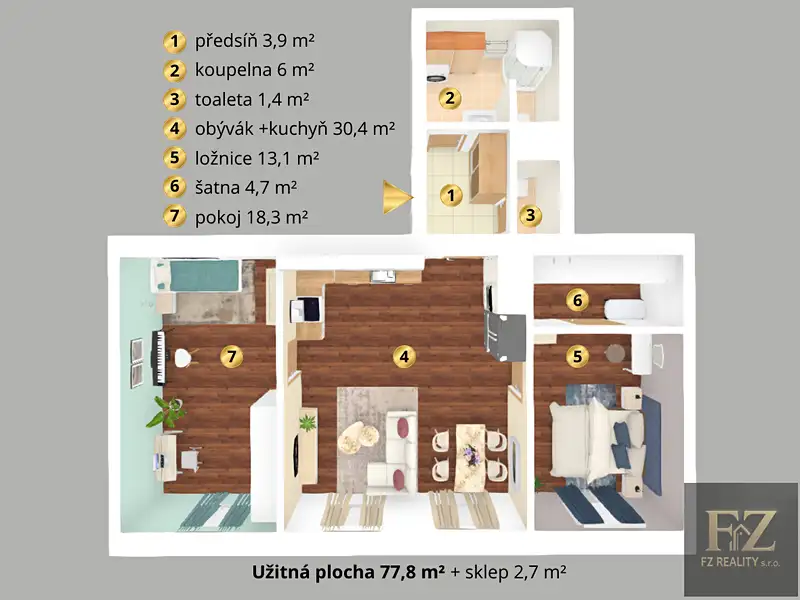 Prodej bytu 3+kk 77 m², Tábor – náhled fotky 3