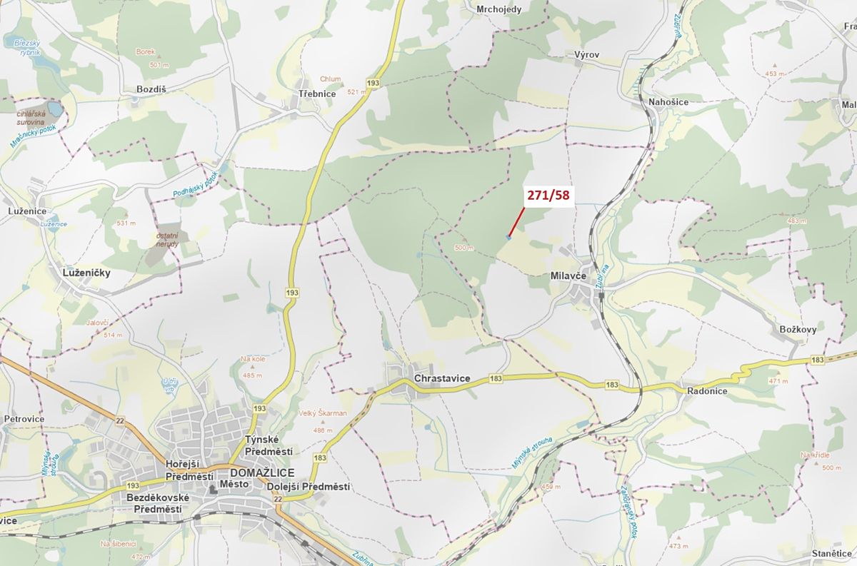 Dražba lesa 2102 m², Milavče – fotka 1 z 3